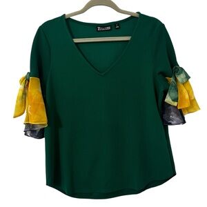 Green Top Yellow & Purple Ruffle Sleeves Shirt New York & Co Women’s Size Medium